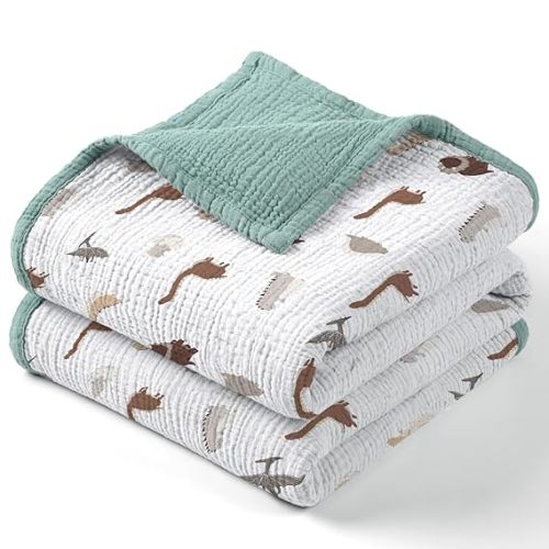 lulumoon Muslin Baby Blanket - Cotton Quilt Blankets for Toddlers - Reversible Nursery Crib Blanket for Baby Boys and Girls 47"x47"(Sage Dinosaur)