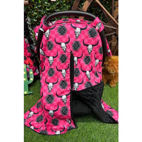 Baby Girls Pink Aztec Cow Skull Western Rodeo Minky Infant Carrier Car Seat Cover