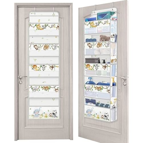 Clastyle Grey Animal Kids Over The Door Organizer with 5 Large Pockets Elephant Monkey Nursery Hanging Storage Organizer Clothes Diaper Toy Closet Door Hanging Shelf Storage for Bedroom Bathroom