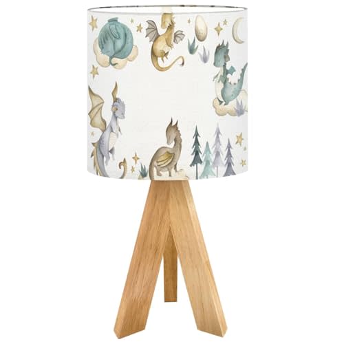 OEPWQIWEPZ Tripod Bedside Desk Table Lamp Dragon Baby Animals Watercolor Wood Nightstand Lamp with Linen Fabric Shade for Nursery Bedroom Living Room Kids Room