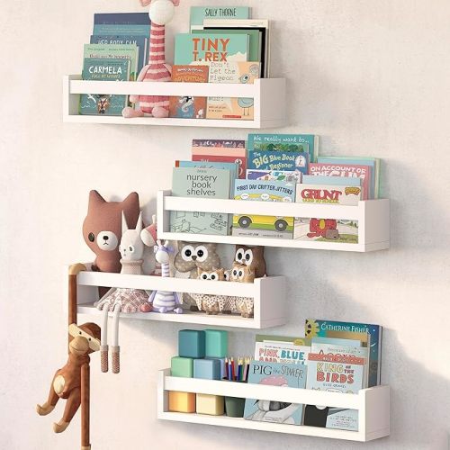 NATURE SUPPLIES Set of 4 White Nursery Book Shelves 23.1", Made of Solid Wood Wall Bookshelf for Kids Bedroom, Ideal for Toys, Decor, Floating Design, Perfect Storage Solution