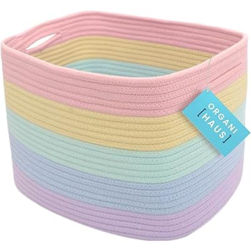 OrganiHaus Rope Rainbow Storage Baskets for Shelves | Rainbow Baskets for Pastel Classroom Decor | Baby Basket for Pastel Room Decor | Pastel Rainbow Storage Bins Colorful Baskets for Baby Room