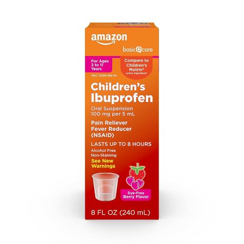 Amazon Basic Care Children's Ibuprofen Oral Suspension 100 mg per 5 mL, Pain Reliever and Fever Reducer, Non-Staining Dye-Free Berry , For Sore Throat, Headache and Toothache, 8 fl oz (Pack of 1)