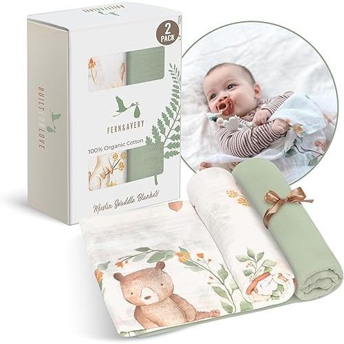 Fern & Avery Organic Receiving Blankets for Boys & Girls - Lightweight Breathable Organic Cotton - Gender Neutral Swaddle Blankets - Woodland Theme