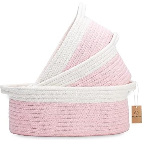 NaturalCozy 3-Piece Oval Storage Basket Set– Natural Rope Woven Baskets for Storage, Gift Basket Empty, Toy Basket, Soft Baby Basket for Nursery, Cat Dog Toy Baskets, Small Basket (Off White & Pink)