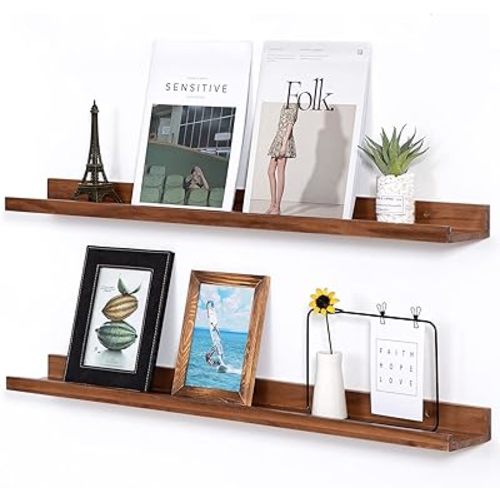 AZSKY Light Walnut Color Wood Wall Floating Shelves for Wall 36 Inch Bookshelf Wall Mount Picture Photo Frames Display Rack with Ledge Decorative Storage Shelves a Set of 2