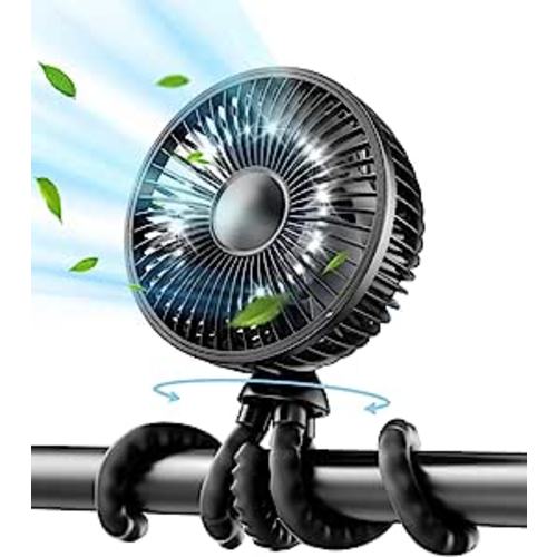 Gaiatop Baby Stroller Fan, 4000mAh Oscillating Mini Portable Fan with Lights, 4 Speeds Battery Operated 360° Rotate Flexible Tripod Small Clip On Handheld Desk Fan for Car Seat Crib Travel Black