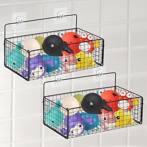 2 Pack Bath Organizer,Hanging Metal Mesh Shower Caddy with Adhesive Hooks for Bathtub Easy Access Toys,Large Bath Storage Holder for Storing Toiletries,Cosmetics, Clothes(Black)