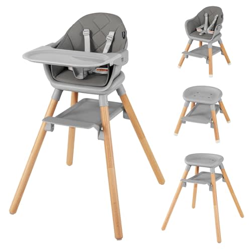 BABY JOY Baby High Chair, 6 in 1 Convertible Wooden Highchair for Babies & Toddlers with Adjustable Legs, Removable Double Tray, Safety Harness & Waterproof PU Cushion (Gray)