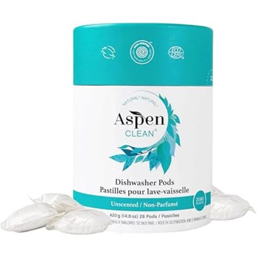 Unscented Dishwasher Pods by AspenClean, Dye-Free, Zero Plastic, EWG Verified™, Vegan, Eco-Friendly, Natural Dishwasher Detergent - 28 Count