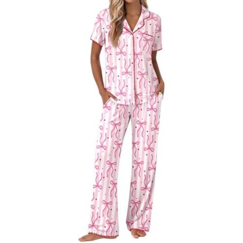 Ekouaer Pajamas for Women Set Button Up Soft Pjs Short Sleeve 2 Piece Lounge Sets Comfy Sleepwear