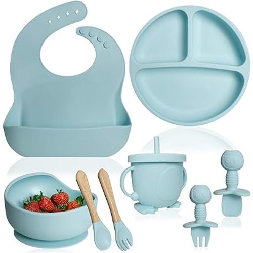Bluet B- Silicone Baby Feeding Set - Baby Led Weaning Supplies - Baby Spoons, Suction Bowl - Plate - Baby Utensils Set - Silicone Feeding Set for Baby First Foods, Infant Eating - 8pcs - Light Blue