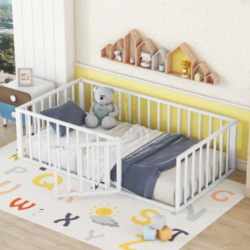DreamBuck Twin Montessori Floor Bed with Safety Fence and Door, Metal Kids Floor Bed Frame, Minimalist Versatile Floor Bed for Toddlers, Boys, Girls, Twin Bed Frame for Childroom, Kids Playroom