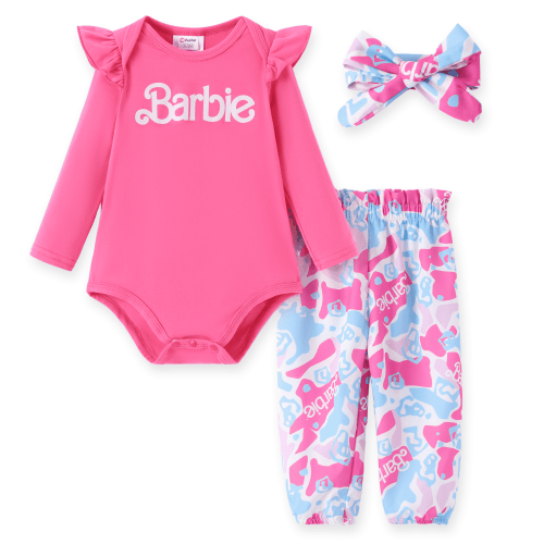 Barbie Baby Girl Clothes Ruffle Long Sleeve Romper And Camouflage Pants 3Pcs Outfit Set With Headband Newborn Gift Sizes 0/3-18M
