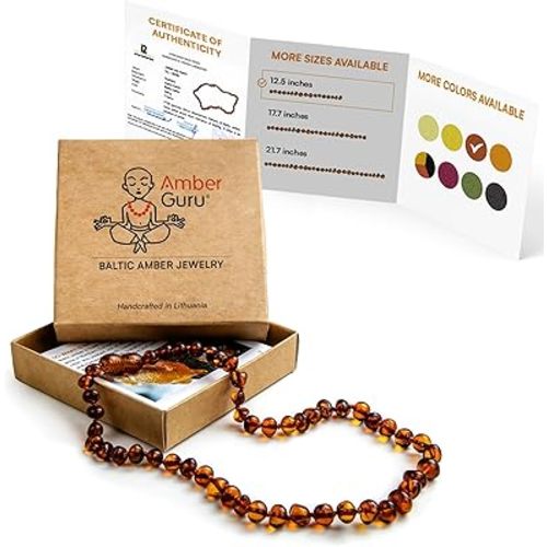 Amber Guru Baltic Amber Necklace (Authentic, Certified) - 12.5 inches - Unisex Jewelry - Cognac (Polished) - Real Amber Beads - Proud to Deliver Genuine Baltic Sea Wonder Handmade