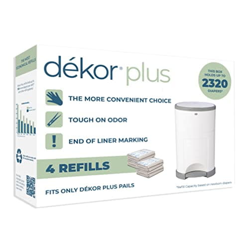 Dekor Plus Diaper Pail Refills | 4 Count | Most Economical Refill System | Quick & Easy to Replace | No Preset Bag Size – Use Only What You Need | Exclusive End-of-Liner Marking | Baby Powder S