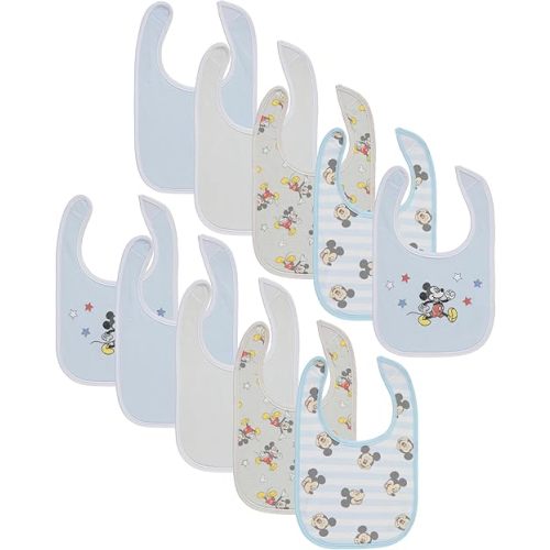 Disney 10-Pack Mickey Mouse Baby Bibs – Ten Soft, Absorbent, and Adjustable Cotton Bibs for Mess Free Meals