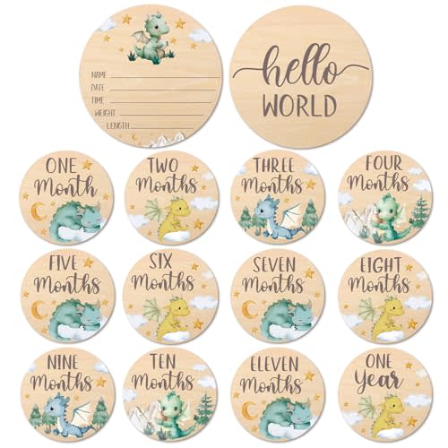 Huray Rayho Little Dragon Baby Monthly Milestone Cards Neutral Wooden Tags Newborn Photography Props Set of 13 Wood Discs from One Month to One Year Baby Growth Record