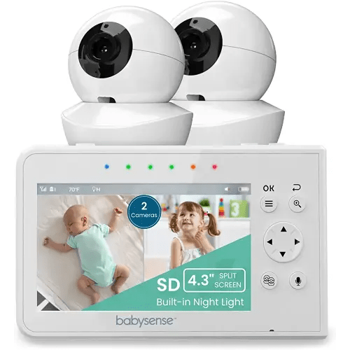 Babysense Baby Monitor with 2 Cameras and Audio 4.3", Non WiFi Baby Monitor, Dual Split Screen, Portable Double Sleep Video Monitor, Auto Night Vision & Light, Lullabies & White Noise, Two-Way Audio
