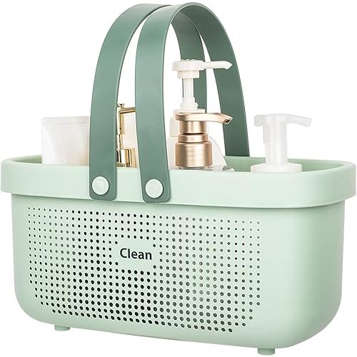 JiatuA Plastic Storage Basket with Handle Portable Shower Caddy Tote Organizer Basket Bin for Bathroom Kitchen Dorm Room Bedroom, Green
