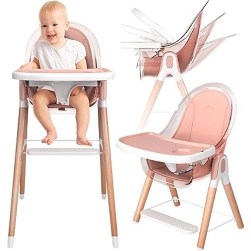 Children of Design 6 in 1 Deluxe Wooden High Chair for Babies & Toddlers Modern Safe Compact Baby Highchair, Easy to Clean, Removable Tray & Cushion, 6 Options 3 Seat Positions 2 Heights (Pink)
