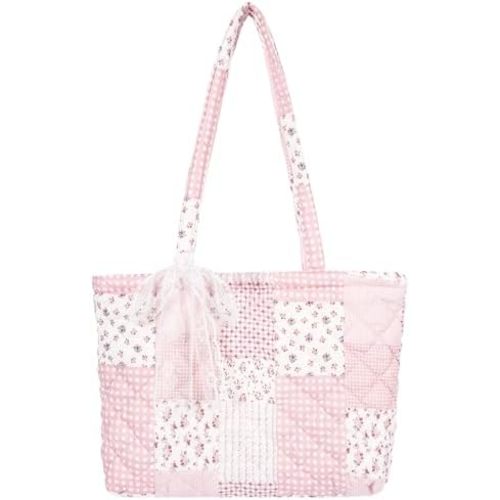 Quilted Small Tote Bag for Women, Lightweight Floral Shoulder Bag,Soft College Travel Work Bag Everyday Purse