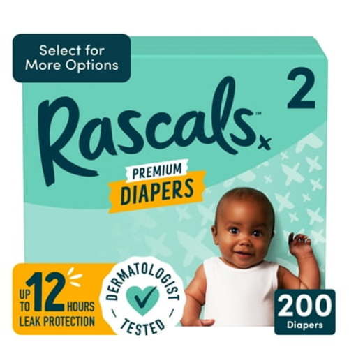 Rascal + Friends Premium Size 2 Diapers, 200 Count, Leak-Proof, Dermatologically Certified, Chlorine and Fragrance-Free