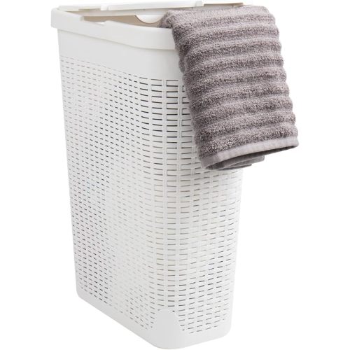 Mind Reader 40L Slim Laundry Hamper, Clothes Basket, Lid, Wicker Design, Plastic, 18"L x 10.4"W x 23.5"H, White