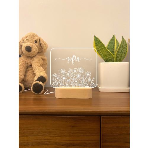 Boho Wildflower Night Light, Personalized baby gift, Nursery Decor, Custom Name Night Light, Rectangle Flower sleep light