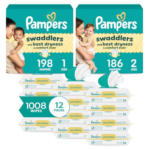 Pampers Baby Diapers and Wipes Starter Kit, Swaddlers Disposable Sizes 1 (198 Count) & 2 (186 Count) with Sensitive Water Based 12X Multi Pack Pop-Top Refill (1008 Count)