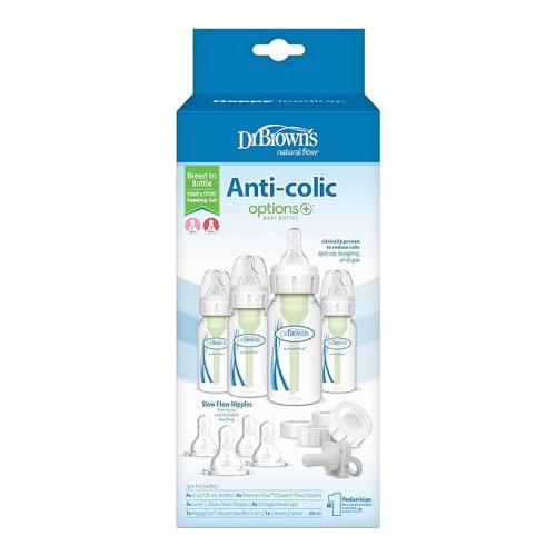 Dr. Brown's Anti-Colic Breast to Bottle Feeding Set with Slow Flow Nipples, Travel Caps, and Silicone Pacifier - Gray - Clear, Breast to Bottle Feeding Set - Gift Set