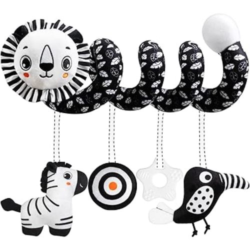 Baby Carseat Toy Black & White Rattle Spiral Hanging Activity Stroller Toy for Newborns Boys and Girls, Quality Baby Gifts for Baby Shower Party Favors, New Year, X-mas Stocking Stuffers - Lion