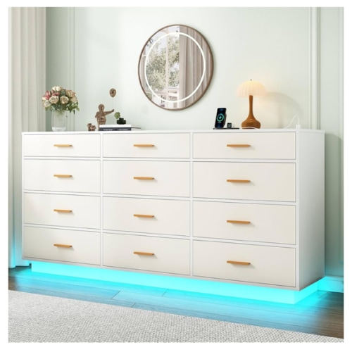 12 Drawers Dresser w/Power Outlet,60000-Colors Lights for Bedroom,63" Long Wooden Dresser Chest W/Anti-toppling Design,Metal Handles of Drawers for Living Room,Hallway, Entryway(White)