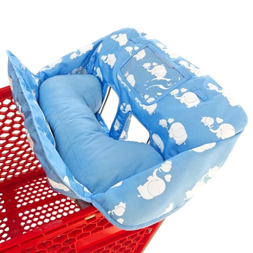 Soft Pillow Attached 2-in-1 Shopping Cart and High Chair Cover for Baby, Cotton Padded Cart Cover, Fold'n Roll Style, Portable with Carry Bag (Blue Elephant)