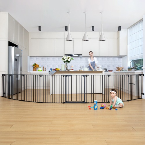 8Panel 198" Extra Wide 30" Tall Baby Gates Fireplace Fence Toddler Playard, Black
