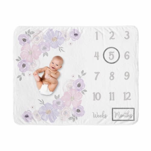 Watercolor Floral Lavender And Grey Monthly Milestone Baby Blanket