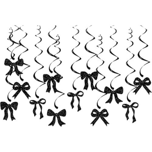 Black Bow Party Hanging Swirls Decorations for Her, Glitter Black Birthday Party Decor, Coquette Girls Paties for Tying The Knot Bridal Shower Graduation 2025 Retirement Bow Theme Supplies