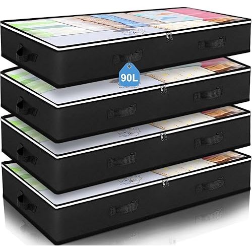 Budding Joy 90L Under Bed Storage Containers, Closet Organizers and Storage Bins, Foldable Underbed Storage Bags for Blankets, Towels, Comforter, Sweaters, Pillows, Linen Sheets, Wrapping Paper，Black