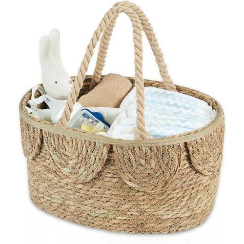 FairyHaus Diaper Caddy Organizer, Portable Natural Wicker Diaper Caddy with Rope Handles and Cotton Divider, Handwoven Seagrass Diaper Caddy Basket with Scalloped Edge for Nursery Picnic