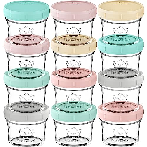 KeaBabies 12pk 4oz Glass Baby Food Containers with Lids - Leak-Proof, Microwavable Small Glass Jars, Baby Purees & Toddler Snack Storage Containers, BPA-Free, Dishwasher & Freezer Safe (Pastels)