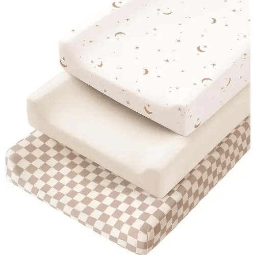 Konssy 3 Pack Stretchy Changing Pad Covers for Girl, Boy, Silky Soft Changing Table Cover, Breathable Baby Nursery Diaper Chang Pad Sheets (Coffee Check)