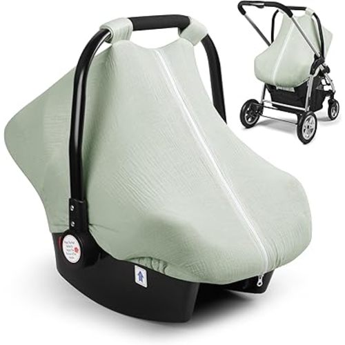 Elstey Muslin Baby Car Seat Cover, Breathable Carseat Canopy with Fully Zipper Opening, Universal Fit Infant Stroller Carrier Covers for Boys and Girls