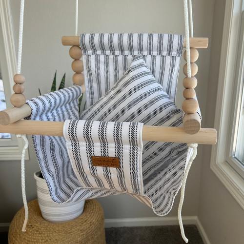 Baby Swing | Toddler Swing | Fabric Swing | First Birthday Gift | Indoor Swing | Minimalist Nursery Decor | Wide Black/Charcoal Ticking
