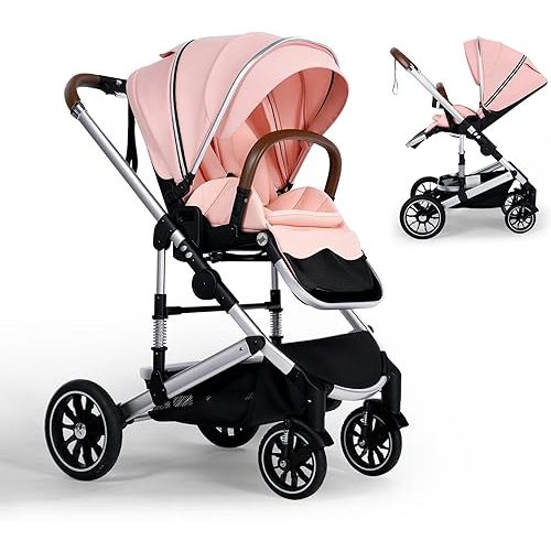 Convertible Baby Stroller, Folding Infant Stroller with Large Canopy, Portable Baby Carriage Pushchair with Adjustable Backrest, Cup Holder, Storage Basket (Pink)
