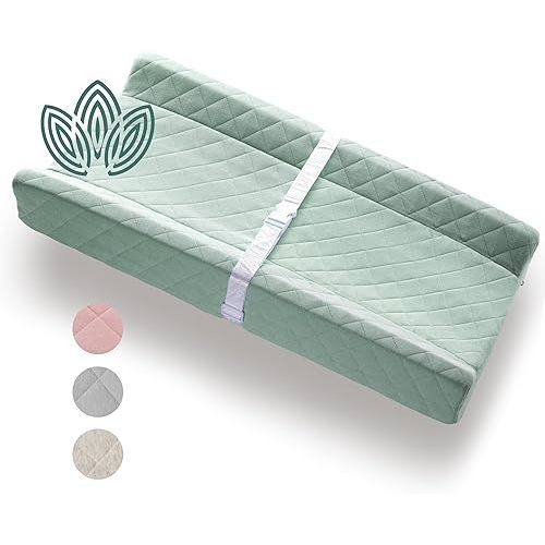 Organic Cotton Contoured Baby Changing Pad w/Waterproof Foam Mattress, Includes Soft, Removable & Washable Cover, Safety Strap, Non-Slip Bottom, Topper for Standard Size Infant Diaper Table & Dresser