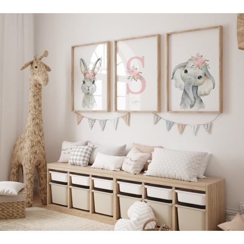 Set of 3 Safari Floral Animals, Animals nursery prints, Personalised,UNFRAMED