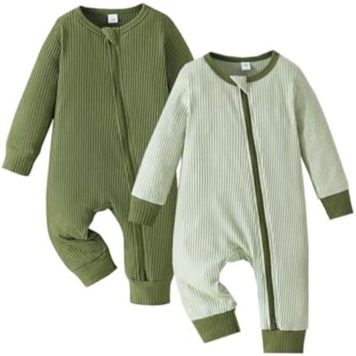 Bafeicao Unisex Baby Boy Girl 2 Pack Rompers Long Sleeve Two Way Zipper Romper One Piece Jumpsuits Clothes Sets