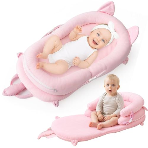 3-in-1 Baby Lounger, Tummy Time Mat & Seated Support Pillow, Baby Lounger for Newborn 0-24 Months, Breathable Portable Infant Lounger for Home Travel, with Detachable Support Pillow-Pink
