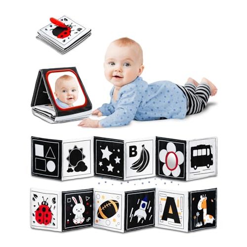 High Contrast Black and White Baby Toys for Newborn 0-6 Months – Contrast Cards & Sensory Baby Book with Mirror – Tummy Time Infant Toys for Visual Stimulation, Early Learning & Brain Development