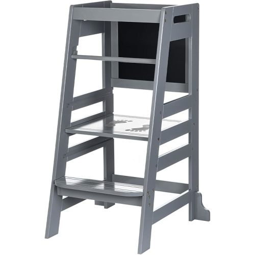 UNICOO Bamboo Adjustable Height Kids Kitchen Step Stool, Toddler Learning Tower & Helper Stool for Bathroom, Kitchen Counter - Designed for Toddler's Growth and Independence (P042-Grey)